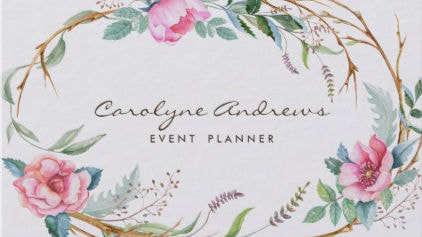 Pink Watercolor Bohemian Floral Wreath Event Planner Business Cards