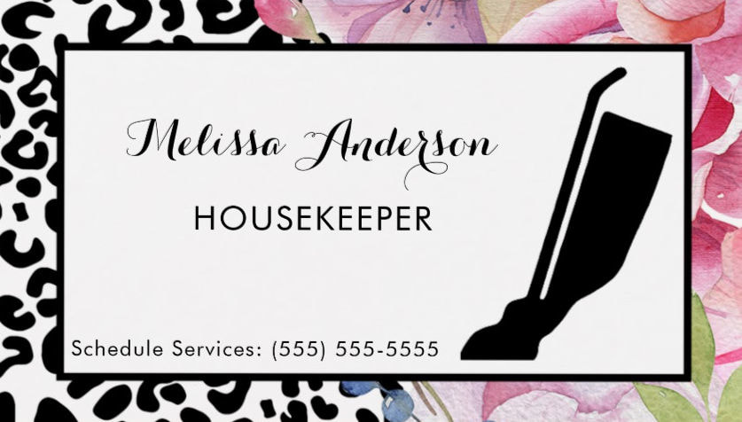 Trendy Leopard Print Floral Housekeeper and Vacuum Business Cards