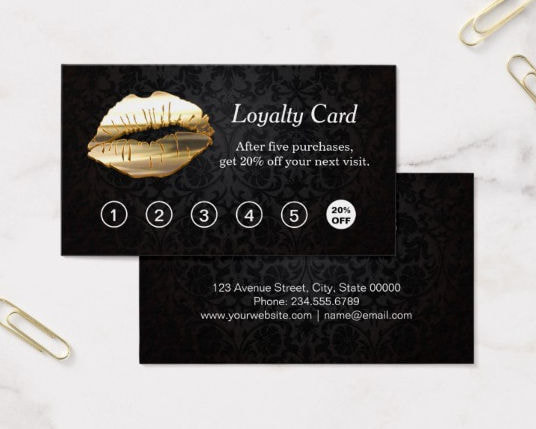 3D Gold Lips on Black Damask Pattern Makeup Salon Loyalty Punch Cards