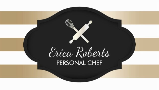 Personal Chef Gold Stripes With Whisk and Rolling Pin Logo Business Cards