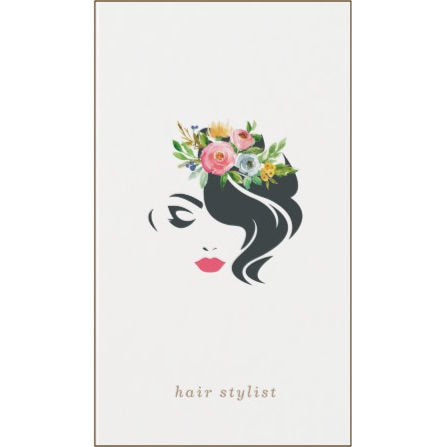 Modern Elegant Hairstylist Woman Flowers in Hair Logo Business Cards