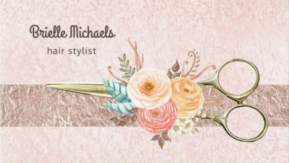 Rose Gold Scissors Elegant Floral Hair Stylist Business Cards