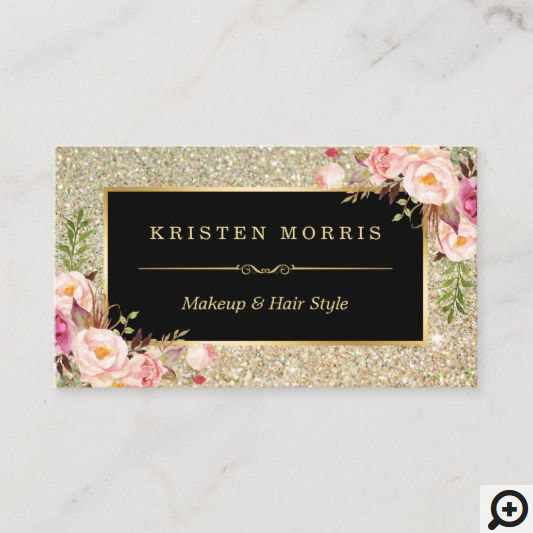 Gold Glitter Makeup Artist and Hair Style Floral Wrap Business Cards