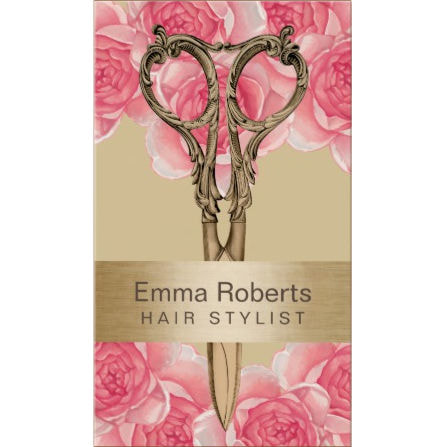 Hair Stylist Antique Gold Scissors Elegant Pink Floral Business Cards