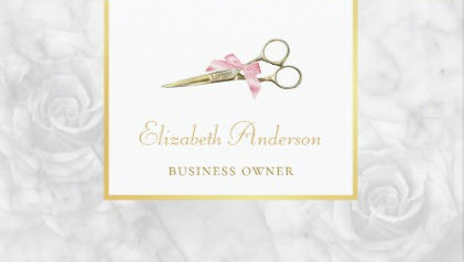 Elegant Hair Salon Gold Scissors White Rose Marble Business Cards