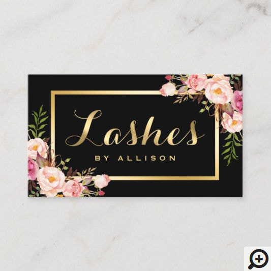 Lashes Script Modern Makeup Black Gold Floral Business Cards