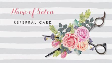Chic Scissors Gray Stripes and Roses Friend Referral Business Cards