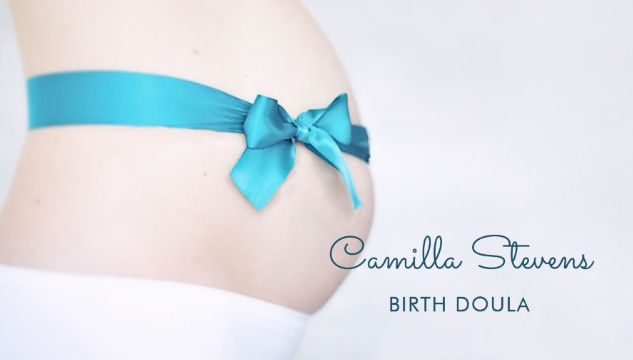 Birthing Doula Pregnant Baby Bump With Blue Ribbon Business Cards