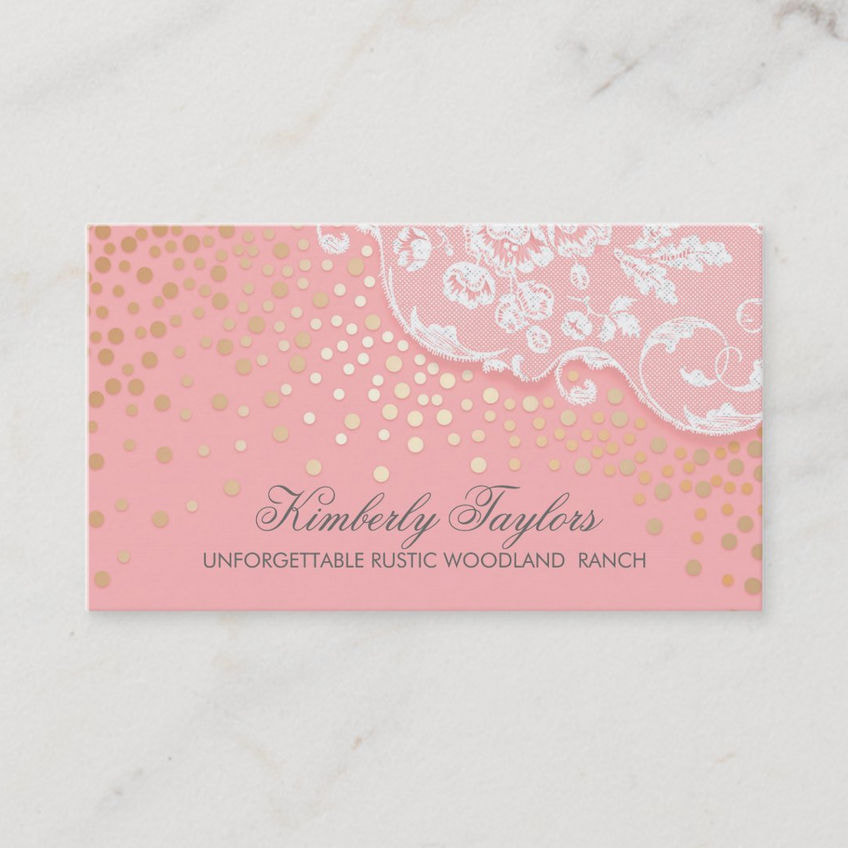 Elegant Lace and Gold Confetti Pink Vintage Business Cards