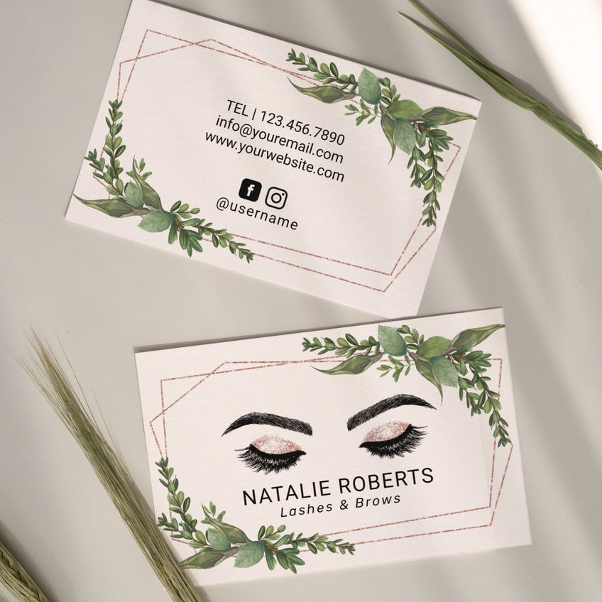 Lashes Makeup Artist Rose Gold Geometric Greenery Business Cards