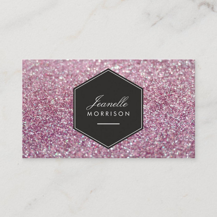 Luxe Mauve Pink Glitter With Dusky Black Hexagon Badge Beauty Business Cards