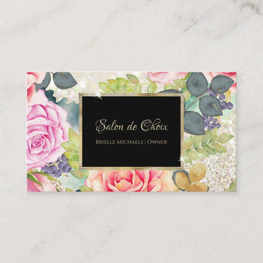 Luxury Salon Elegant Glitter Rose Floral Stylist Business Cards