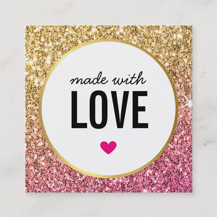 Made With Love Cute Heart Ombre Gold and Pink Glitter Business Cards