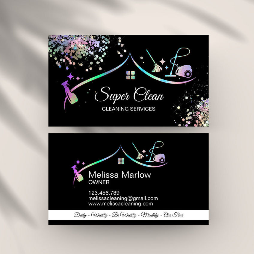 Maid Cleaning House Rainbow Holographic Sparkling Business Cards