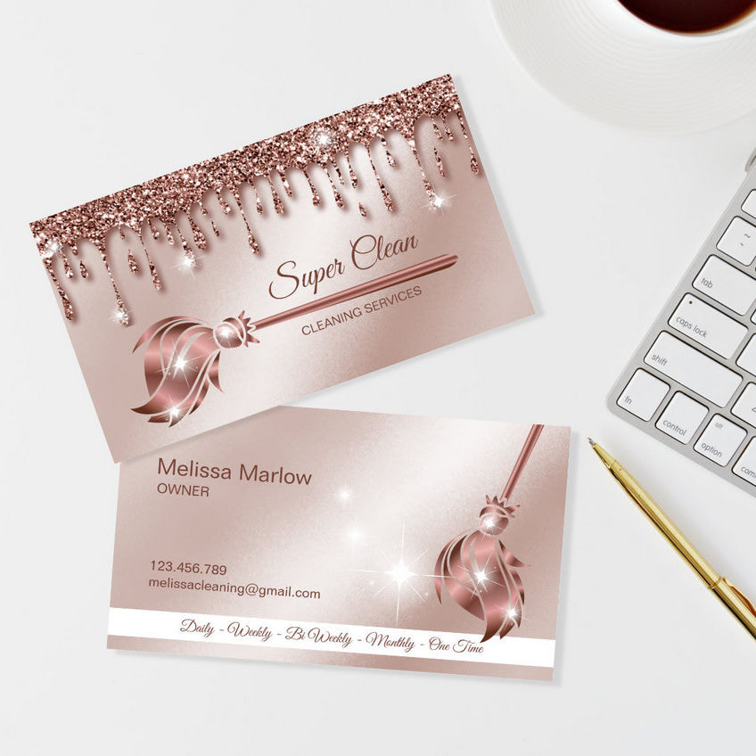 Glitzy Pink Glitter Sparkly Rose Duster House Cleaning Business Cards
