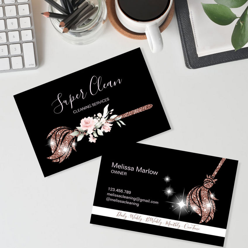 House Cleaning Rose Gold Glitter Duster With Pink Floral Sprig Business Cards