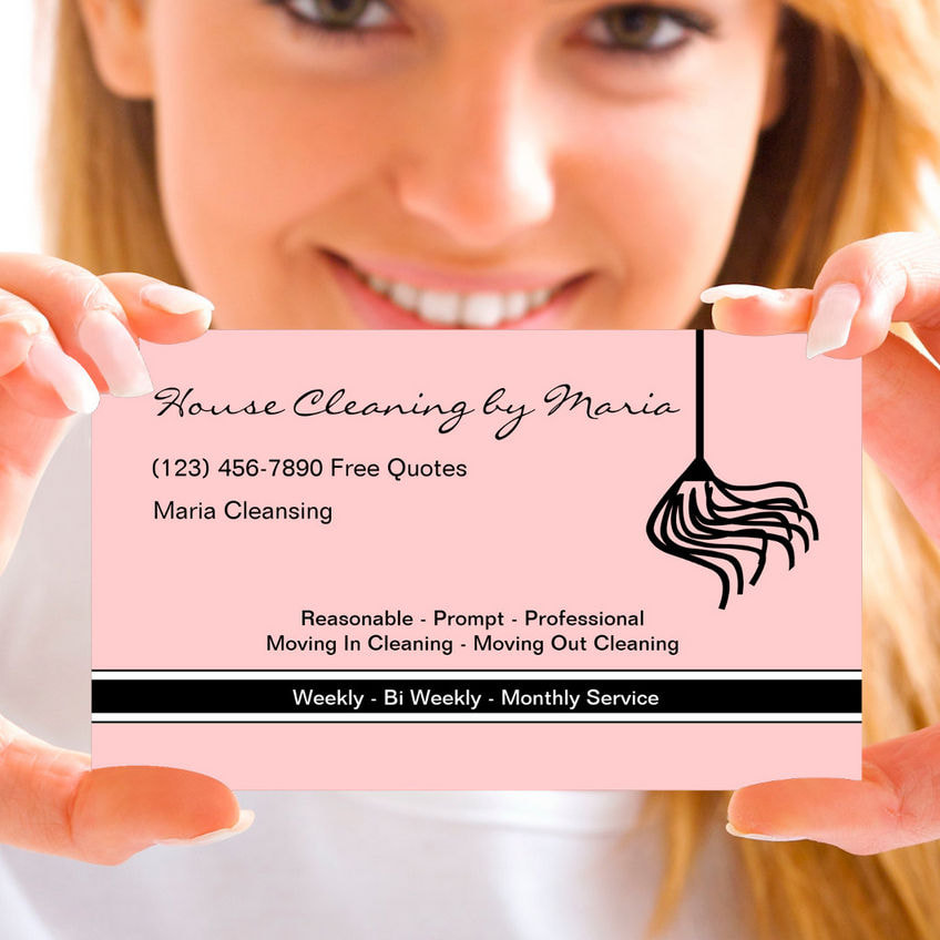 Simple Pink and Black Mop Silhouette Maid Housekeeper Business Cards