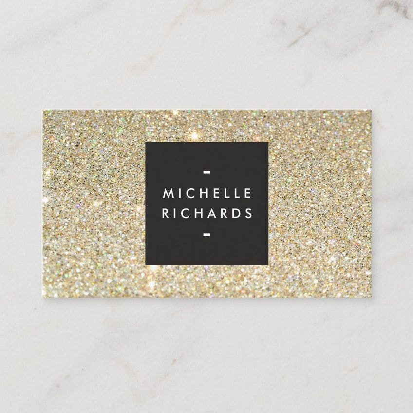 Modern and Sophisticated Black Box on Gold Glitter Background Business Cards