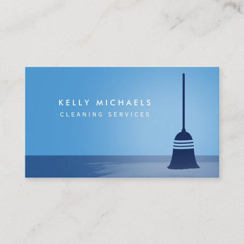 Modern Blue Broom Elegant Cleaning Services Business Cards