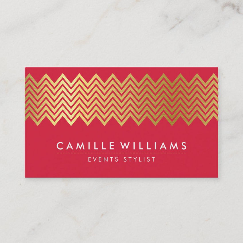 Modern Gold Chevron Rich Red Events Stylist Business Cards 