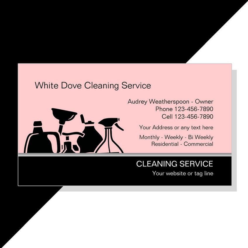 Modern Pink and Black Cleaning Supplies Silhouette Cleaning Service Business Cards