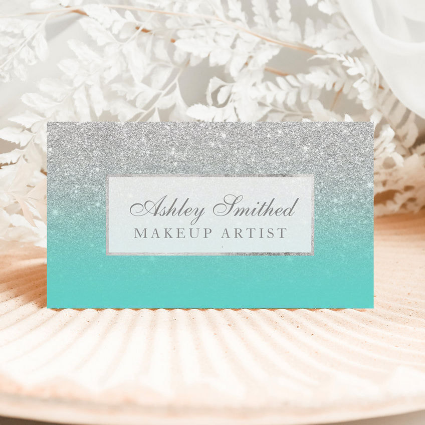 Modern Faux Silver Glitter With Teal Ombre Business Cards