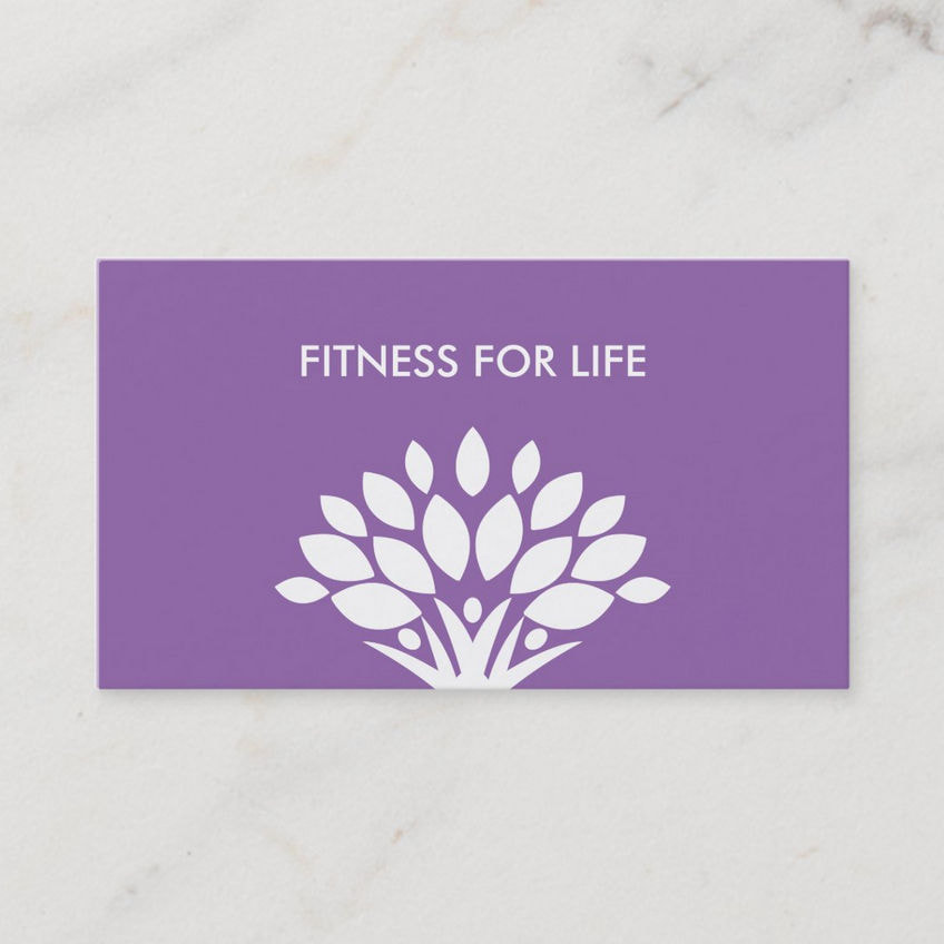 Stylish Purple and White Tree Emblem Fitness Trainer Business Cards