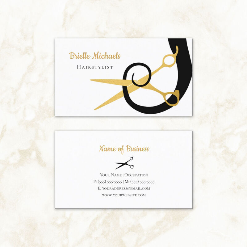 Modern Gold Scissors Black Hair Curl Hair Salon Business Cards