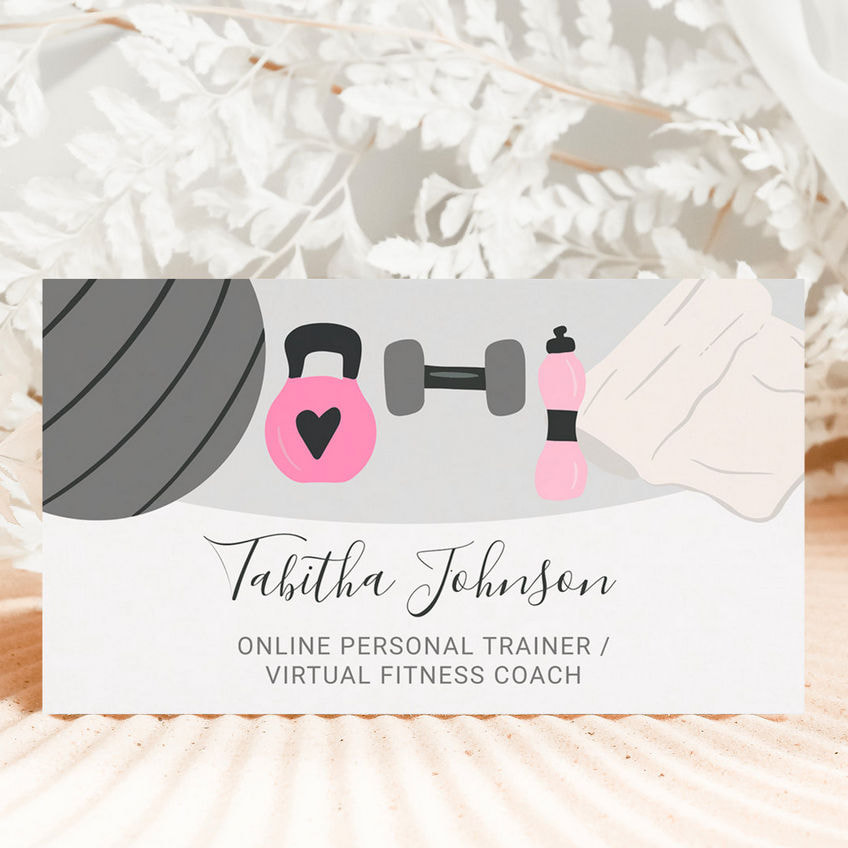 Modern Pink and Gray Online Virtual Personal Trainer Fitness Business Cards