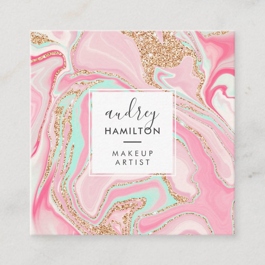 Modern Pink Marble Watercolor Swirled With Gold Glitter Business Cards
