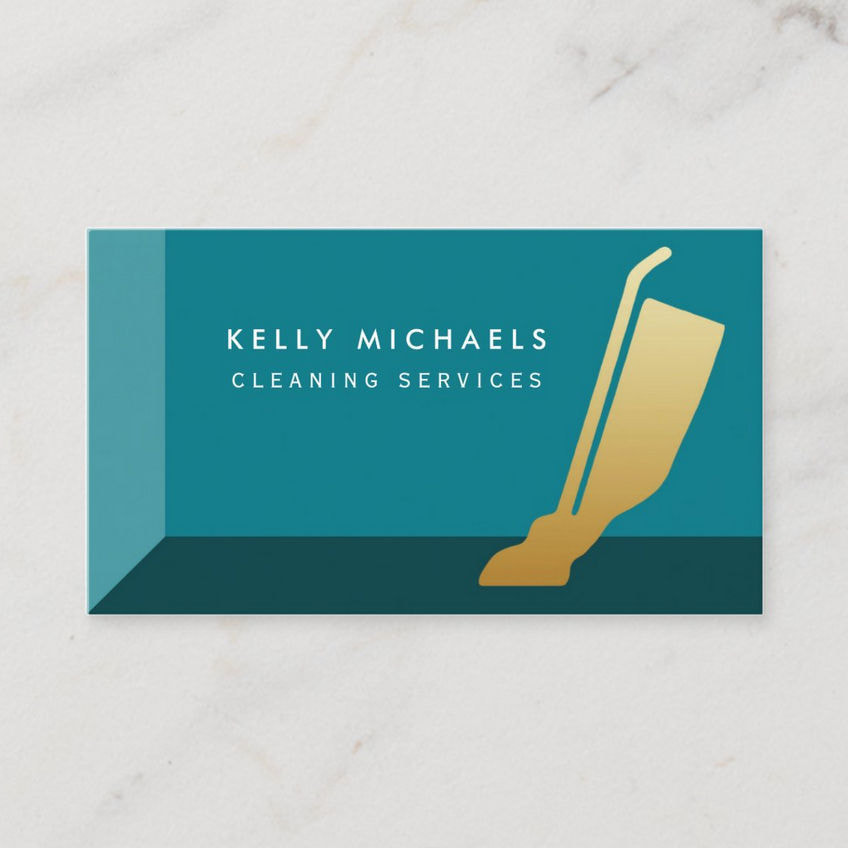 Modern Teal and Gold Vacuum Cleaning Services Business Cards