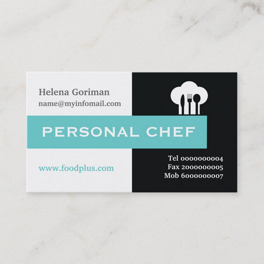 Simple Aqua and Black Color Block Chef Hat Logo Personal Chef Business Cards