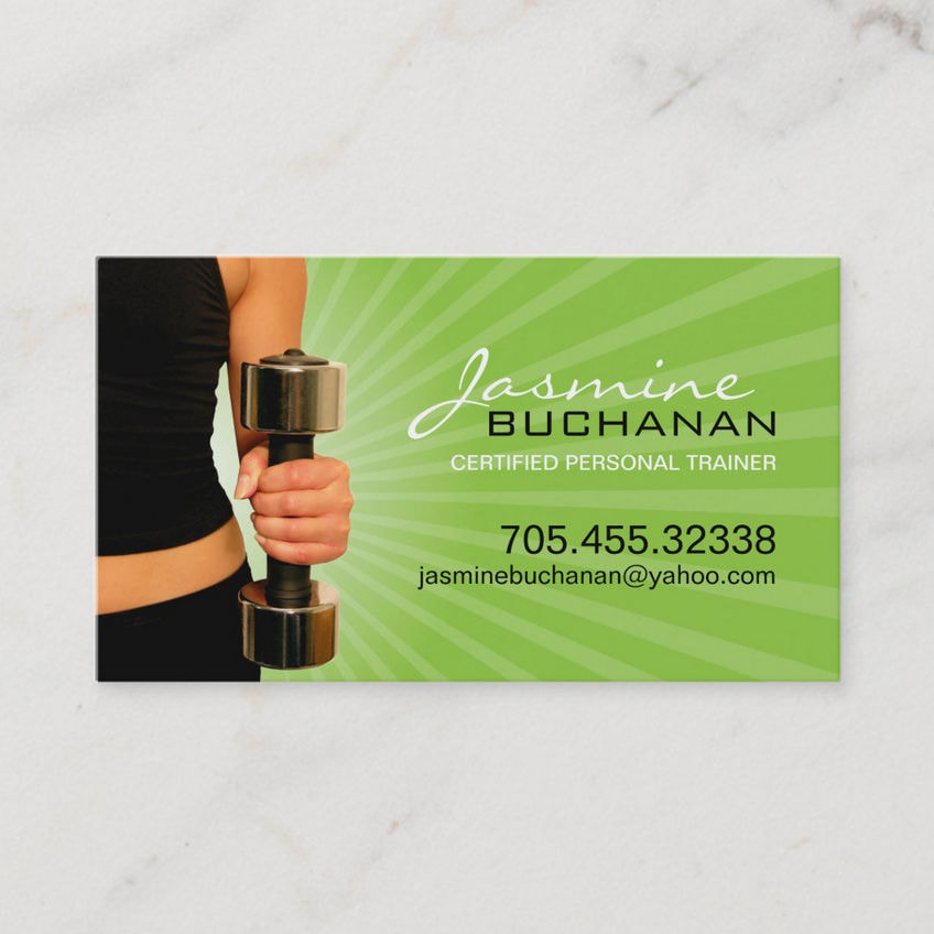 Professional Green With Dumbbell in Hand Personal Trainer Business Cards