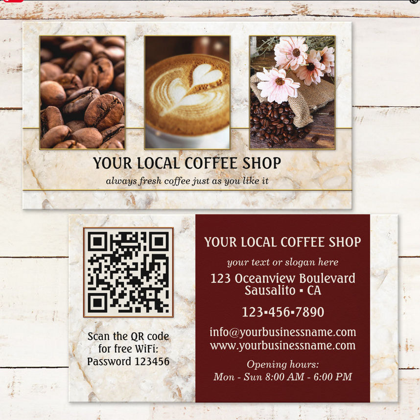 Elegant Photo QR Code Coffee Shop Business Cards