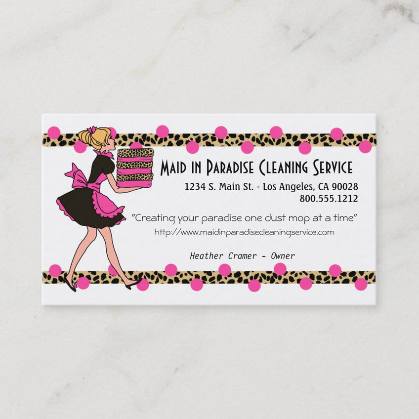 Girly Pink and Black Maid And Leopard Print Cleaning Services Business Cards