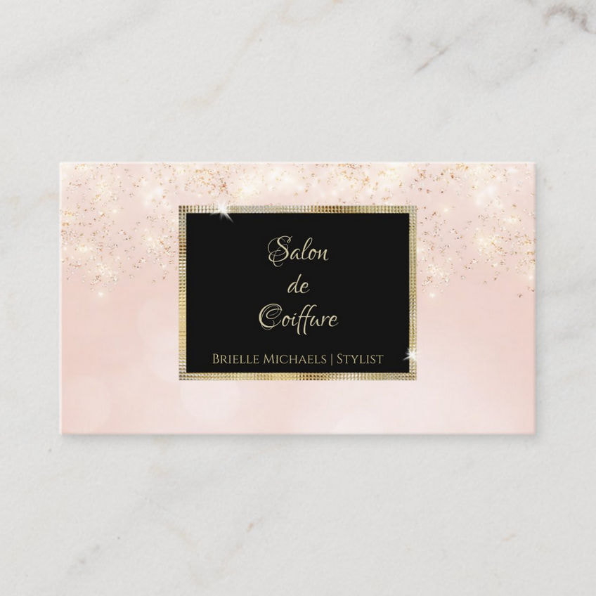 Pink Glitter Glam Elegant Black and Gold Salon Business Cards