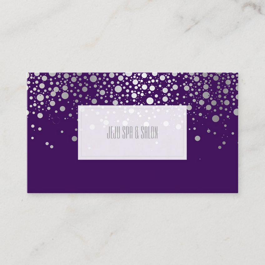 Silver Circle Bokeh Specks on Simple Purple Business Cards