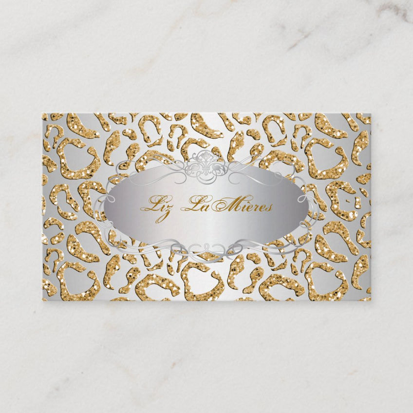Faux Gold Glitter Jaguar Pattern on Silver Glamour Business Cards