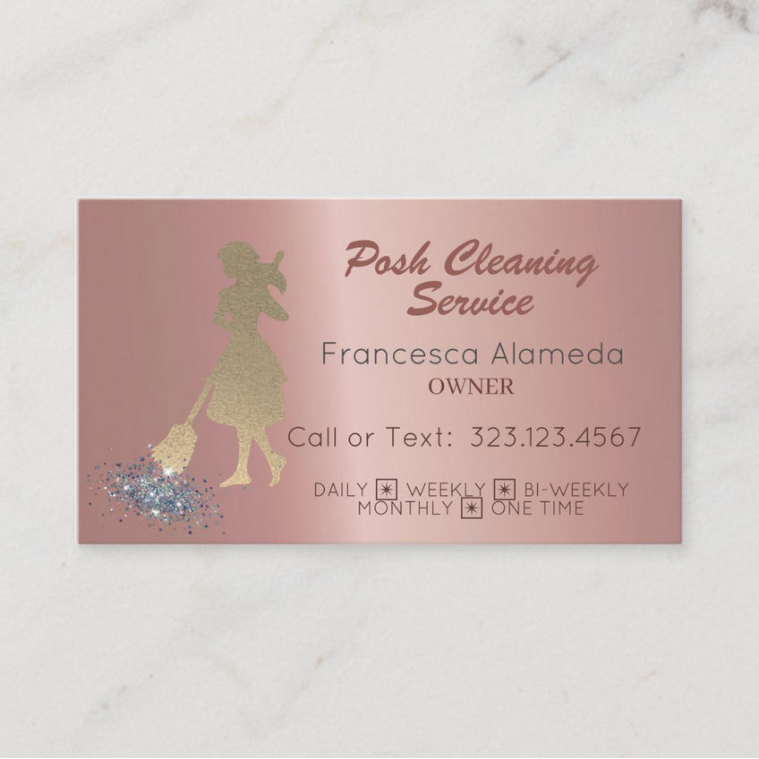 Posh Cleaning Service Maid Sweeping Silver Glitter Rose Gold Business Cards
