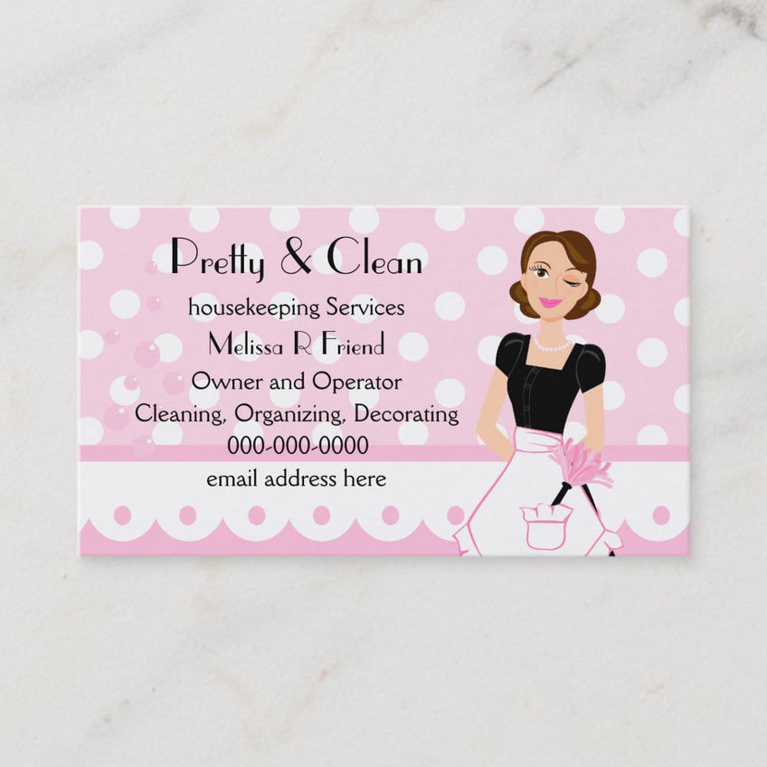 Pretty And Clean Pink Polka Dot Maid Feather Duster Business Cards