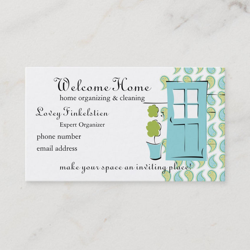 Pretty Blue Paisley Country Door Home Organizing and Cleaning Business Cards