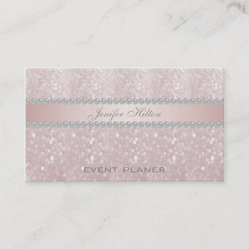 Elegant Soft Pink Bokeh Glitter and Pearls Event Planner Business Cards