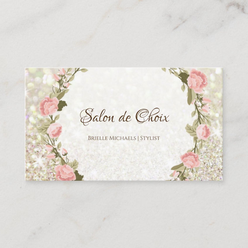 Romantic Rose Floral Wreath Elegant Glitter Sparkle Salon Business Cards