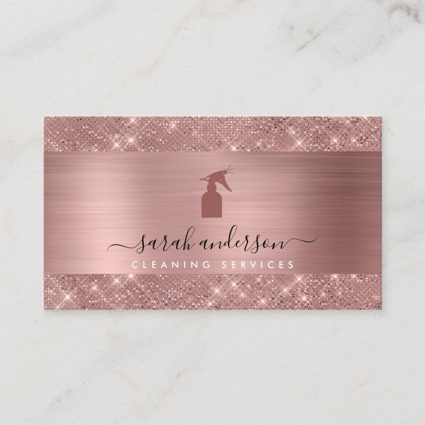 Cleaning Services Sparkly Rose Glitter With Spray Bottle Logo Business Cards