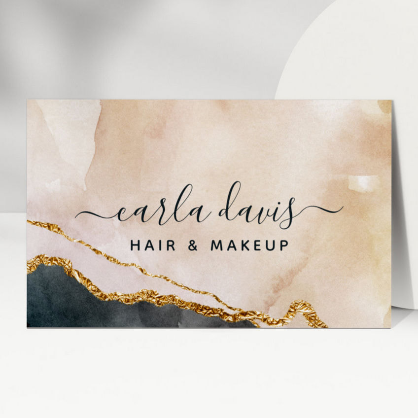 Signature Script Watercolor Dusk Pink and Black Gold Marble Business Cards