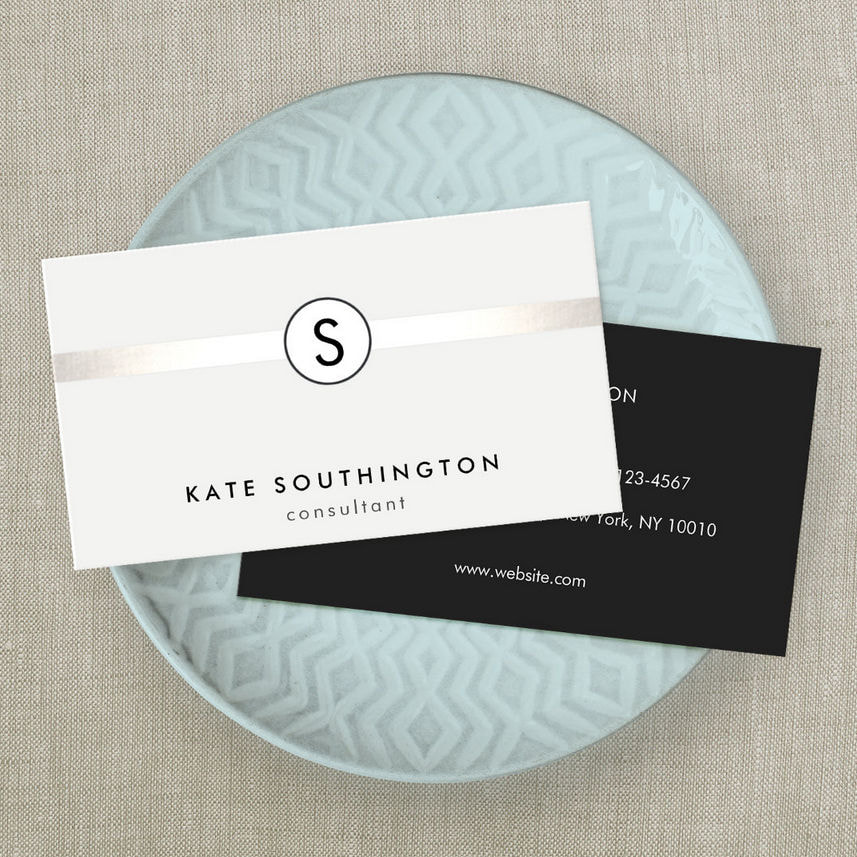 Simple Modern Monogram Silver Striped White Business Cards