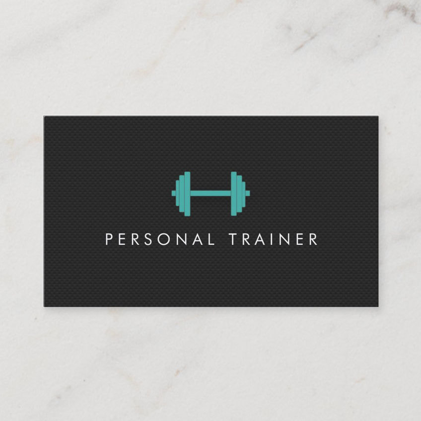 Cute Simple Black and Teal Dumbbell Personal Trainer Business Cards