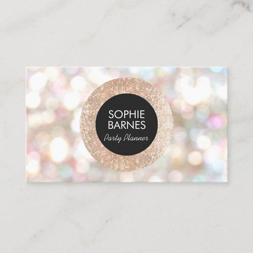 Stylish Bokeh and Rose Gold Glitter Event Planner Business Cards