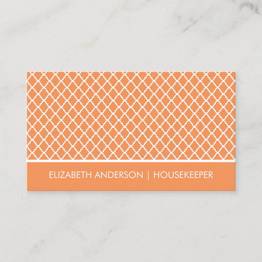 Stylish Orange Quatrefoil Pattern Housekeeping Services Business Cards