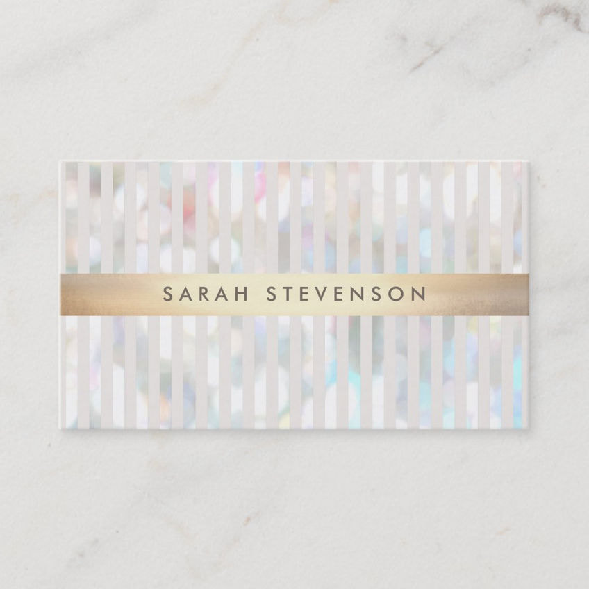 Subtle Bokeh White Stripes With Gold Center Stripe Business Cards